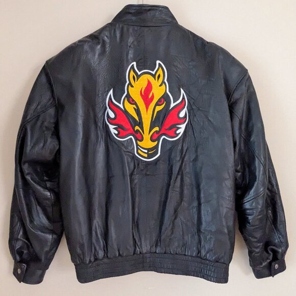 CAN-AM Men's XL Leather Bomber Jacket Calgary Flames 1999-2007 Logo Made Canada - Picture 1 of 8